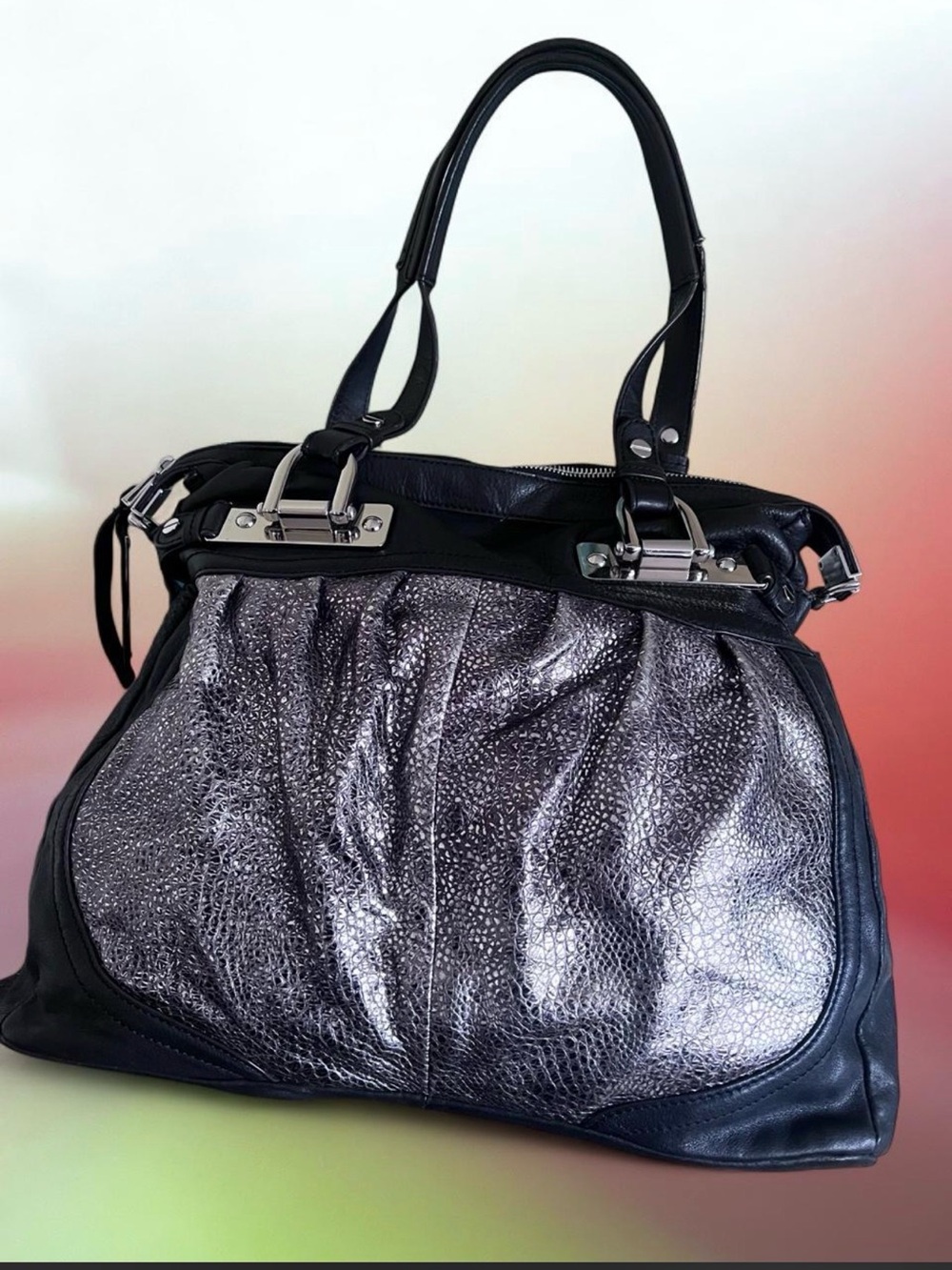 B Makowsky Vintage Y2K Black & Silver Soft Pliable leather spacious handbag